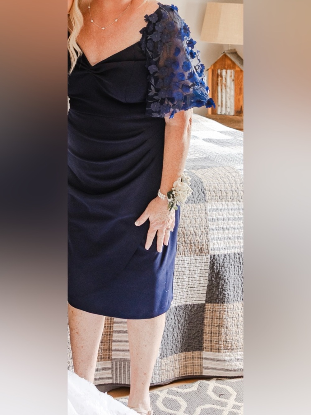 Elegant Navy Blue Cocktail Dress with 3D Floral Sleeves